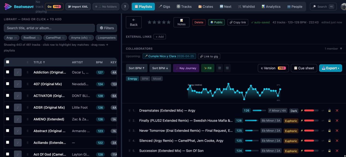 BeatWeave set builder with energy curve and track list